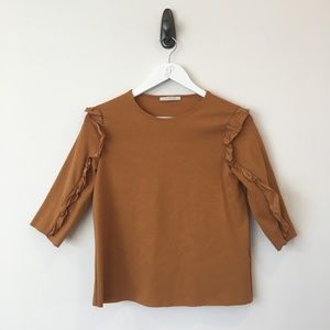 Zara Trafaluc Mustard Colored Ruffle Sleeve Top